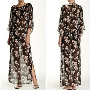 NWT Tory Burch Size Large Solaro Long 100% Silk Floral Sheer Caftan Dress Black